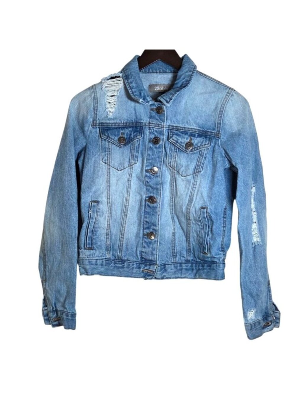2Sable april Jeans Blue Distressed Classic Denim Trucker Jean Jacket Size Small